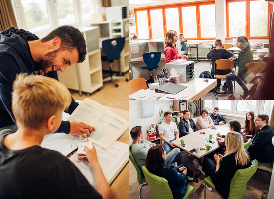 Eine Collage. Man sieht die Schülerbetreuung und das Meeting der Erzieher