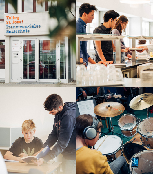 Eine Collage zum Tagesablauf. Hier ist die Eingangstür der Franz-von-Sales Realschule zu sehen. Schüler, die am Buffet in der Schlange stehen, ein Schüler der von seinem Lehrer bei den Aufgaben Hilfe bekommt und ein Schüler der Schlagzeug spielt