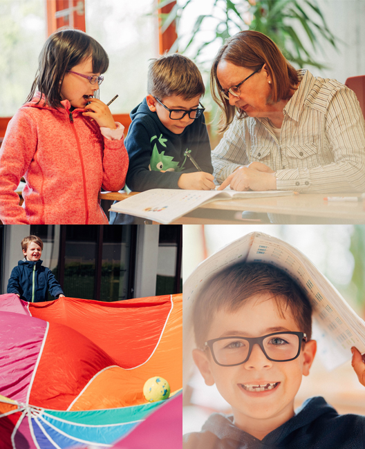 Eine Collage zum Schülerhort. Auf dem Bild sind Kinder beziehungsweise Schüler bei ihren Hausaufgaben und beim Spielen zu sehen